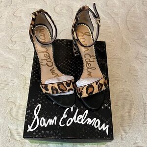 Sam Edelman Yaro Ankle Strap Sandal Heel New Nude Leopard Brahma Hair